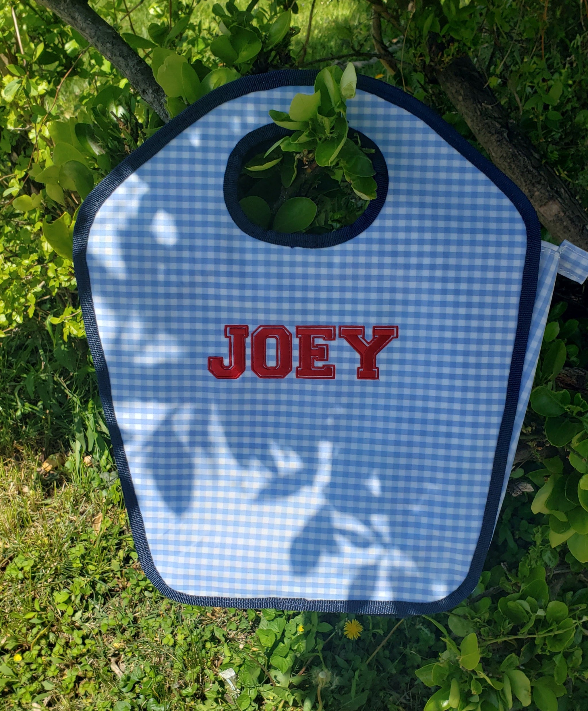 Baby Blue Gingham with Navy Trim Vinyl Keyhole Bag