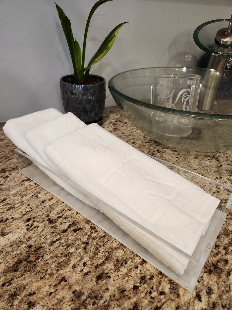 Three Personalized Finger Towels on Marble Lucite Tray