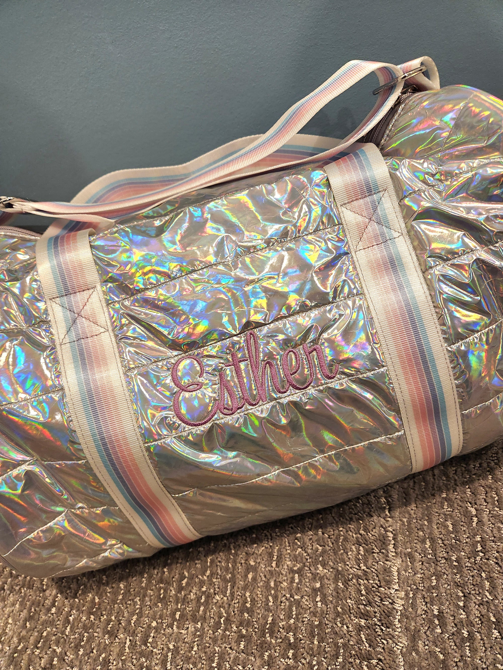 Iridescent Puffer Duffle Bag w/ Sunrise Straps