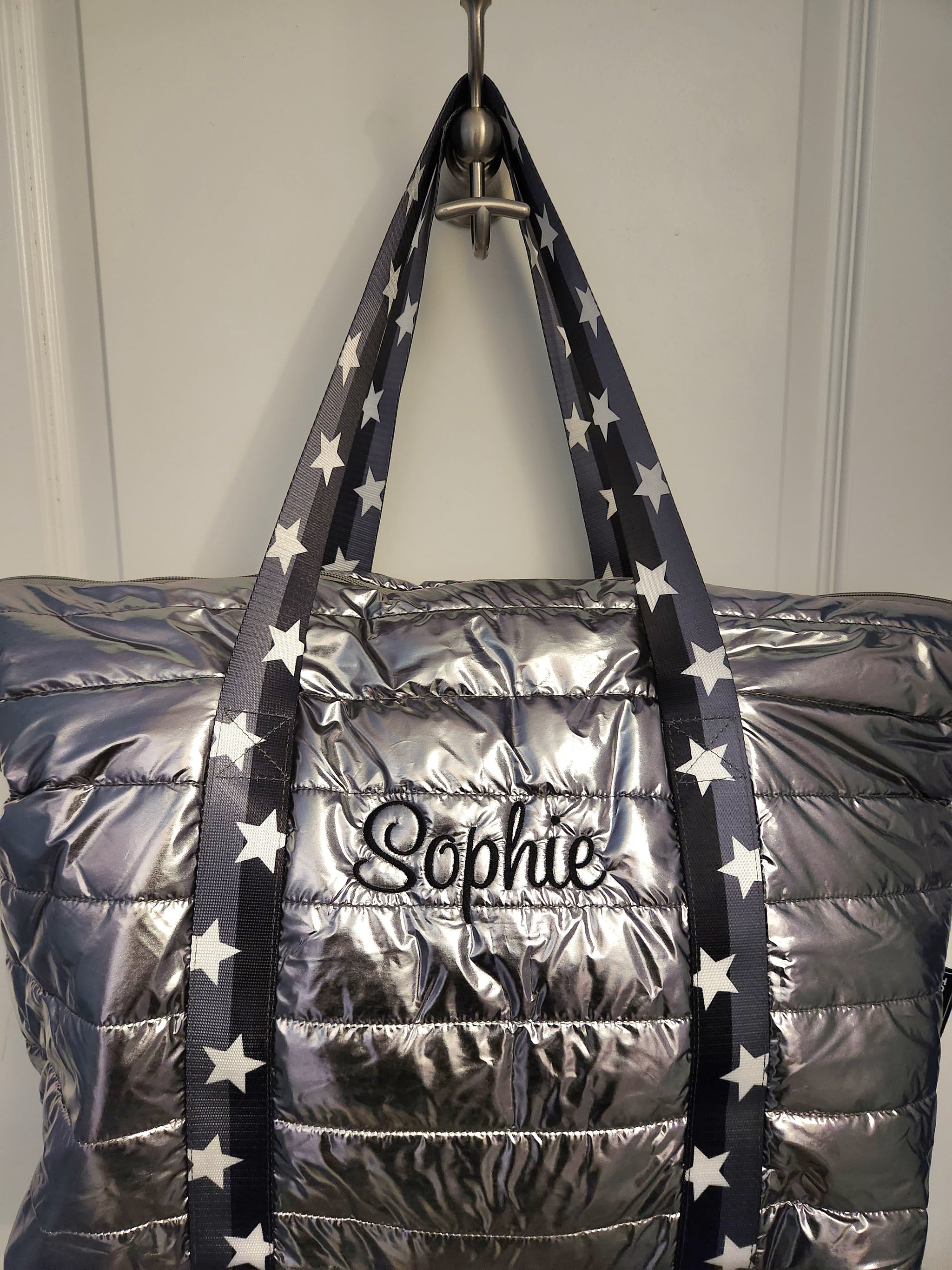 Gunmetal Puffer Tote Bag with Grey/Black Split Star Straps