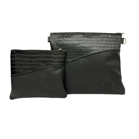 Black Crocodile/Solid Black Tallis/Tefillin bag