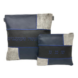 Blue and Black Leather/Gray Fur Tallis/Tefillin bag