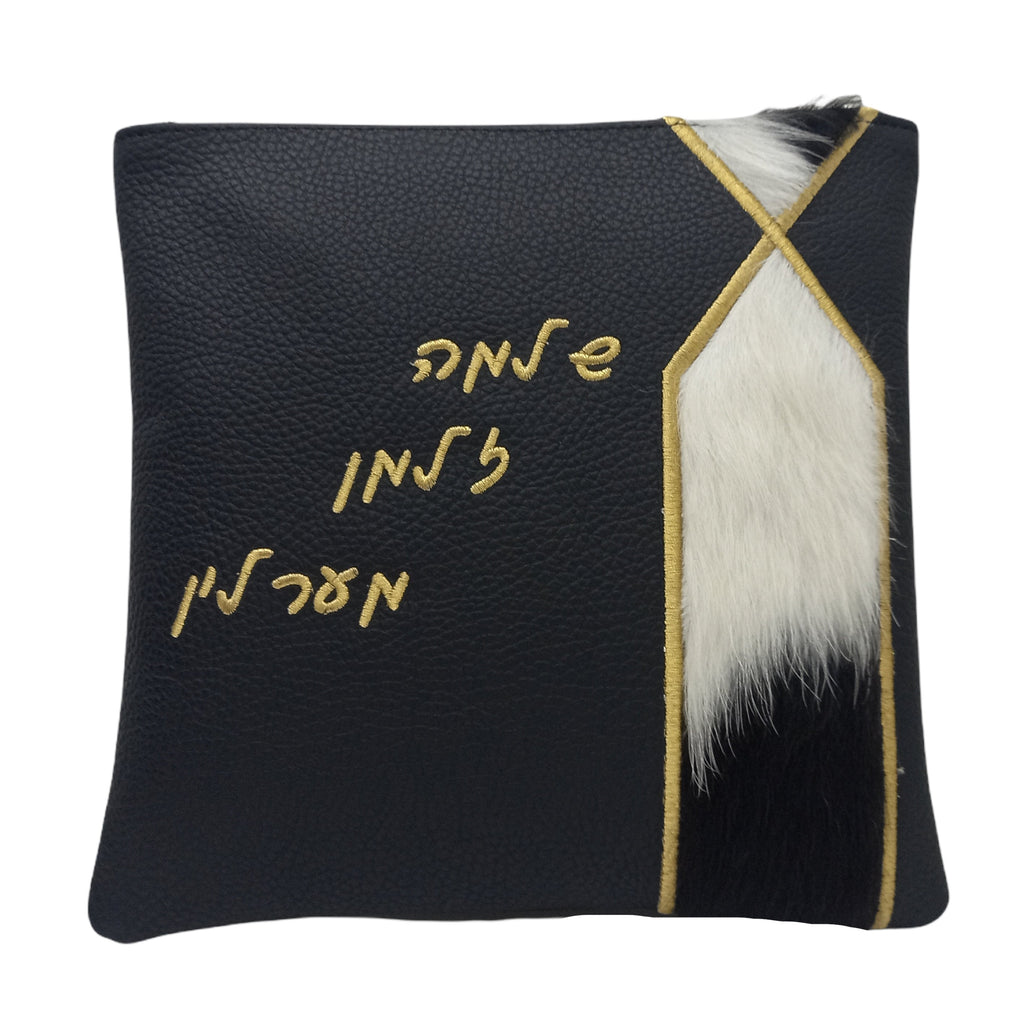 Black Leather/Black and White Fur with Golden Embroidery Tallis/Tefillin bag