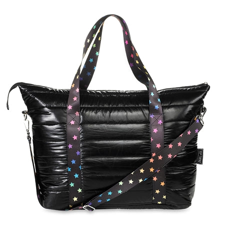 Black Puffer Tote W/ Rainbow Scatter Stars