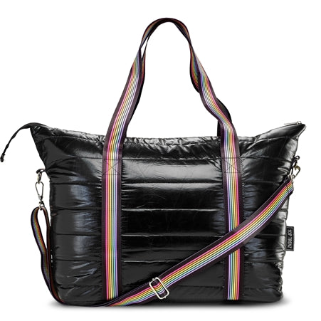 Black Puffer Tote W/ Rainbow Track Straps