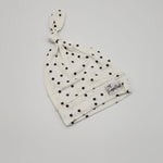 White and gray polka dots top knot newborn hat