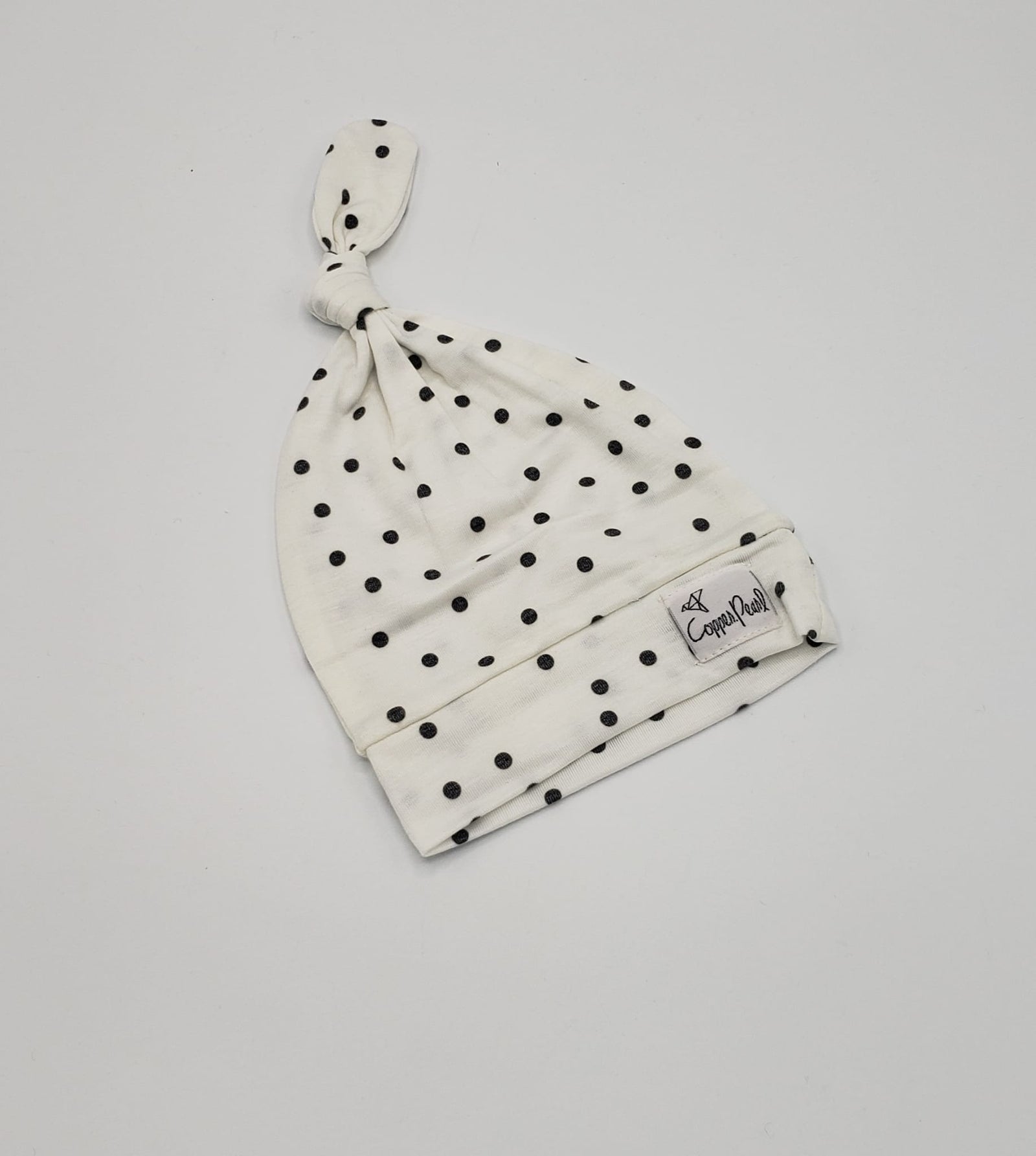 White and gray polka dots top knot newborn hat