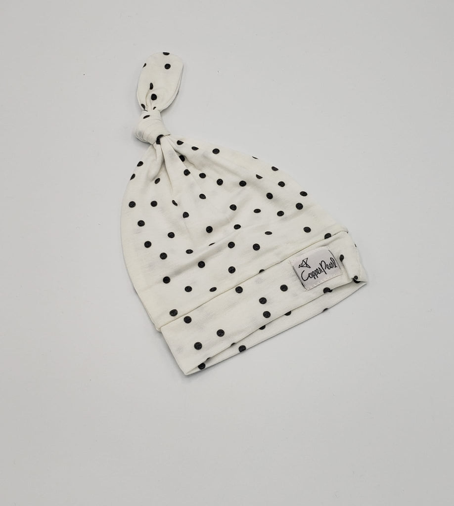 White and gray polka dots top knot newborn hat