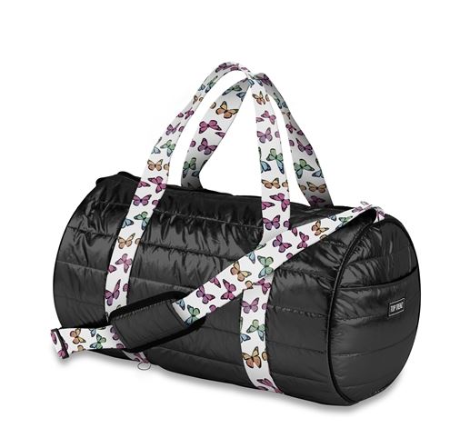 Black Puffer Duffel Bag With Butterfly Straps SOLD AS IS with the name "Tova" in hot pink