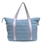 Denim Puffer Tote w/ Rainbow Striped Straps