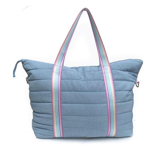 Denim Puffer Tote w/ Rainbow Striped Straps