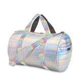 Iridescent Metallic Puffer Duffel Bag with Tie Dye Pastel Straps